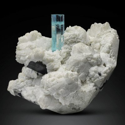 Blue Aquamarine crystal on snowy white Albite From Pakistan