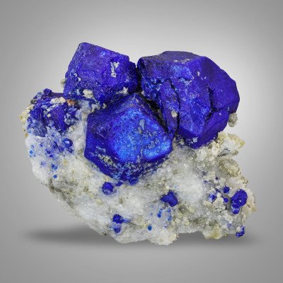 Sold out Isometric sapphire blue color Lazurite trio crystals on Calcite with Pyrite from Badakhshan, Afghanistan