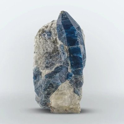 Blue Elongated Afghanite Crystal on Calcite with Pyrite from Afghanistan